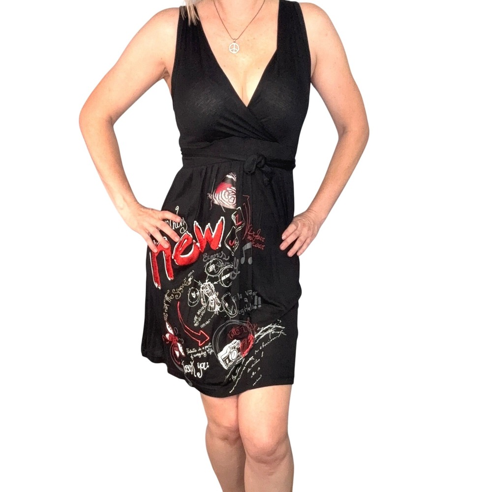 Desigual Black‎ Wrap Dress Y2K Vintage Medium Embroidered Graphic NWT Designer